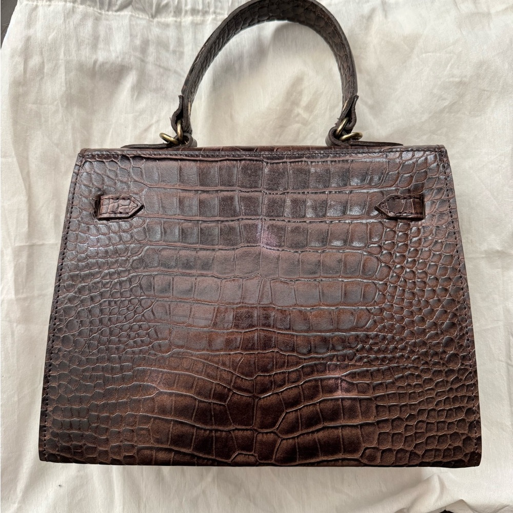Classic Croc-Embossed Top-Handle Satchel in Dark Brown - Picture 10 of 14
